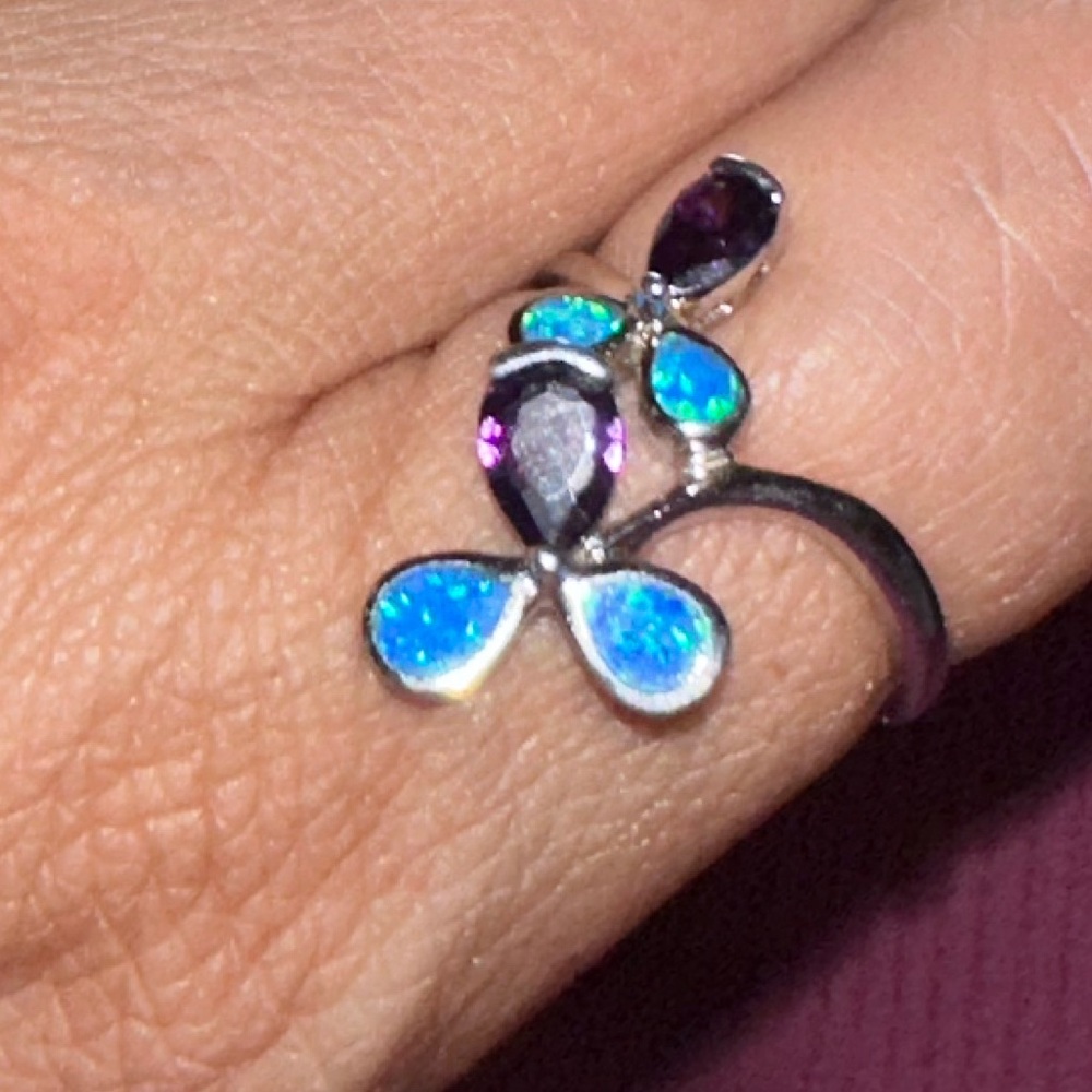 925 sterling silver opal and amethyst cocktail  ring handmade & warranty card.